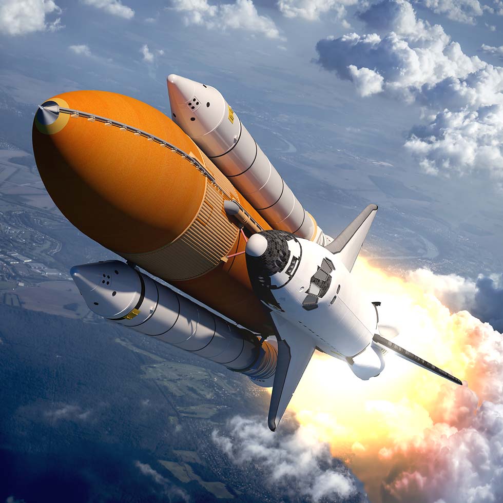 Space shuttle taking off into space