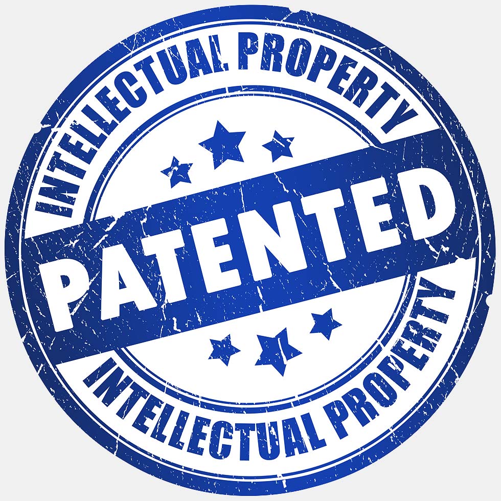 Intellectual property patented stamp in blue in light gray background