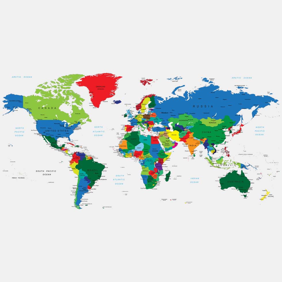 World map in color on light gray background