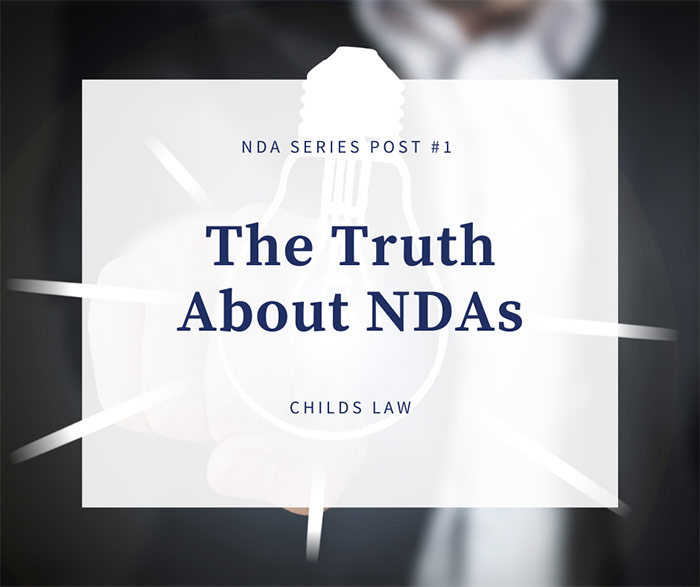 The Truth About NDAs dark blue serif type over image of lightbulb